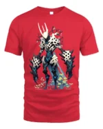 Cyber Skeleton Warrior T-Shirt with Sci-Fi Battle Design - red t-shirt on white background