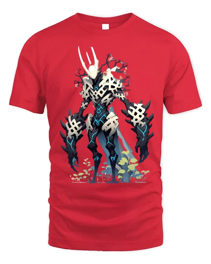 Cyber Skeleton Warrior T-Shirt with Sci-Fi Battle Design - red t-shirt on white background