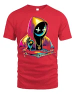 Neon DJ Hoodie Mask T-Shirt Urban Streetwear Vibe - red t-shirt on white background