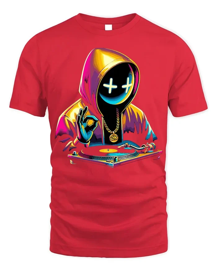 Neon DJ Hoodie Mask T-Shirt Urban Streetwear Vibe - red t-shirt on white background