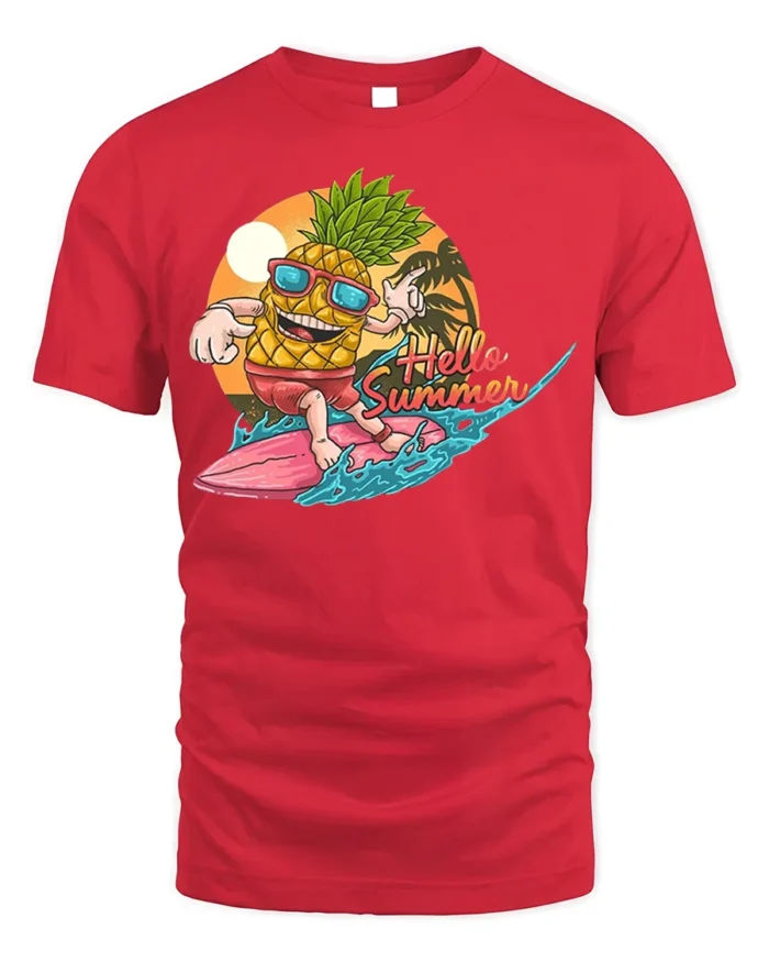 Hello Summer Pineapple T-Shirt with Surf Cartoon Design - red t-shirt on white background