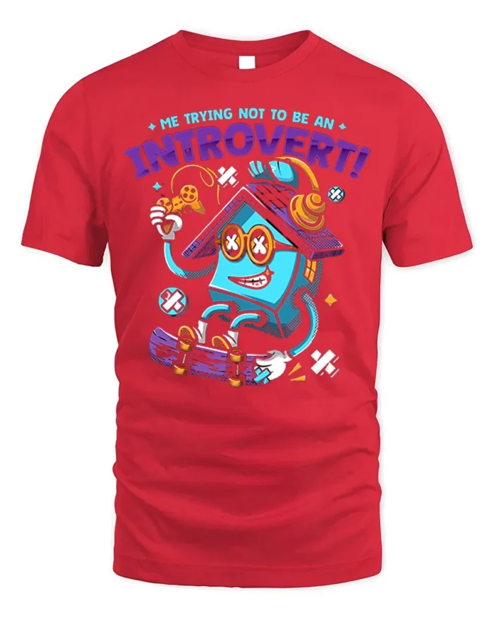 Funny Introvert T-Shirt Quirky Gamer Skater Cartoon - red t-shirt on white background