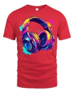 Colorful Headphones T-Shirt Neon Music Vibe Graphic - red t-shirt on white background