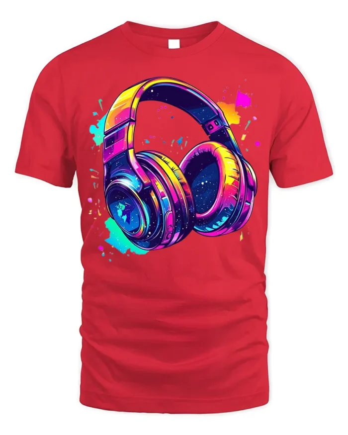 Colorful Headphones T-Shirt Neon Music Vibe Graphic - red t-shirt on white background