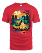 Sunset Camping T-Shirt Colorful Campfire Forest Scene - red t-shirt on white background