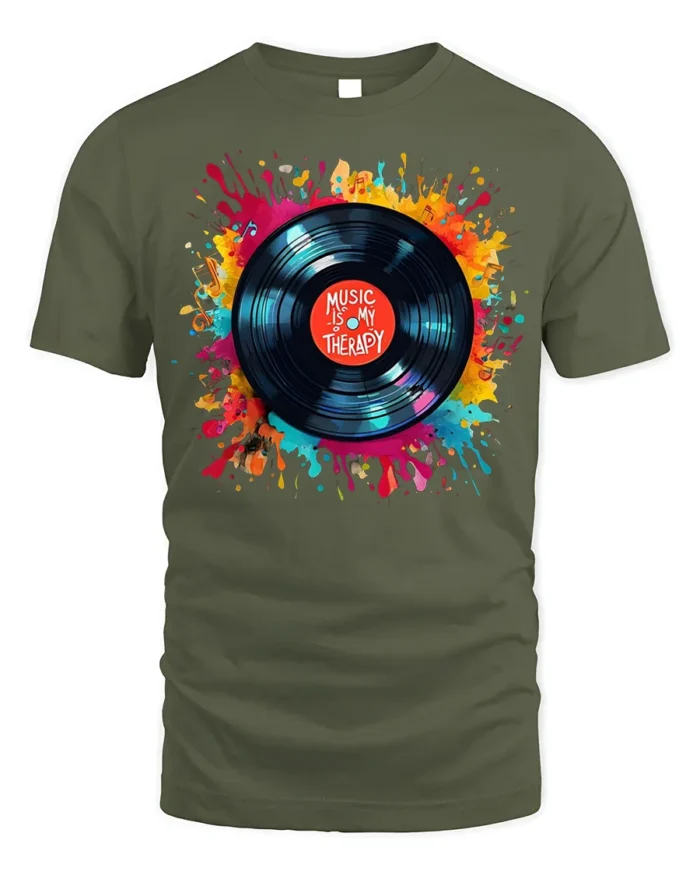 Music Is My Therapy T-Shirt Color Splash Vinyl Design - military green t-shirt on white background