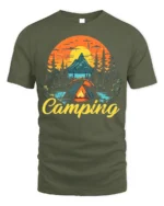 Vintage Camping T-Shirt Tent Fire Forest Mountain Sunset - military green t-shirt on white background
