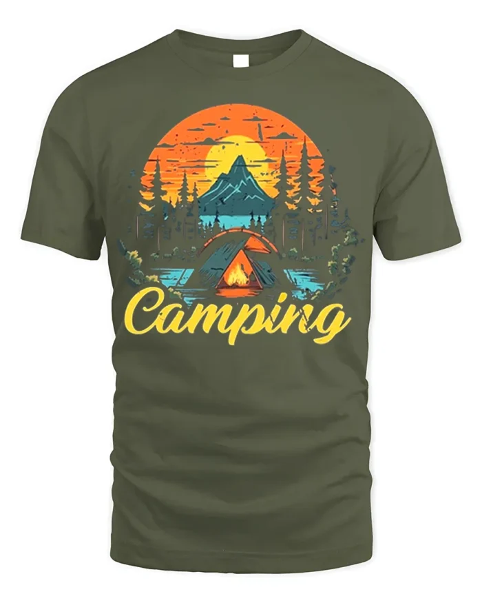 Vintage Camping T-Shirt Tent Fire Forest Mountain Sunset - military green t-shirt on white background