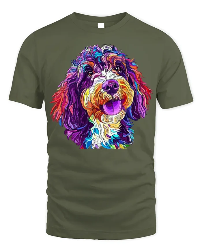 Colorful Dog Art T-Shirt for Dog Lovers and Pet Owners - military green t-shirt on white background