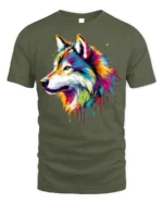 Colorful Wolf T-Shirt with Artistic Tribal Style Design - military green t-shirt on white background