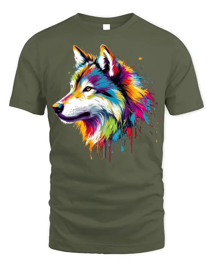 Colorful Wolf T-Shirt with Artistic Tribal Style Design - military green t-shirt on white background