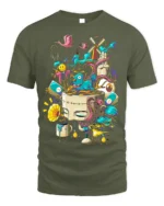 Surreal Art Explosion T-Shirt with Abstract Dream Design - military green t-shirt on white background