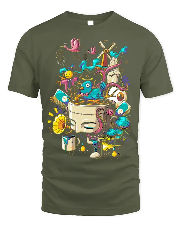 Surreal Art Explosion T-Shirt with Abstract Dream Design - military green t-shirt on white background