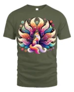 Colorful Nine Tailed Fox T-Shirt with Fantasy Art Design - military green t-shirt on white background