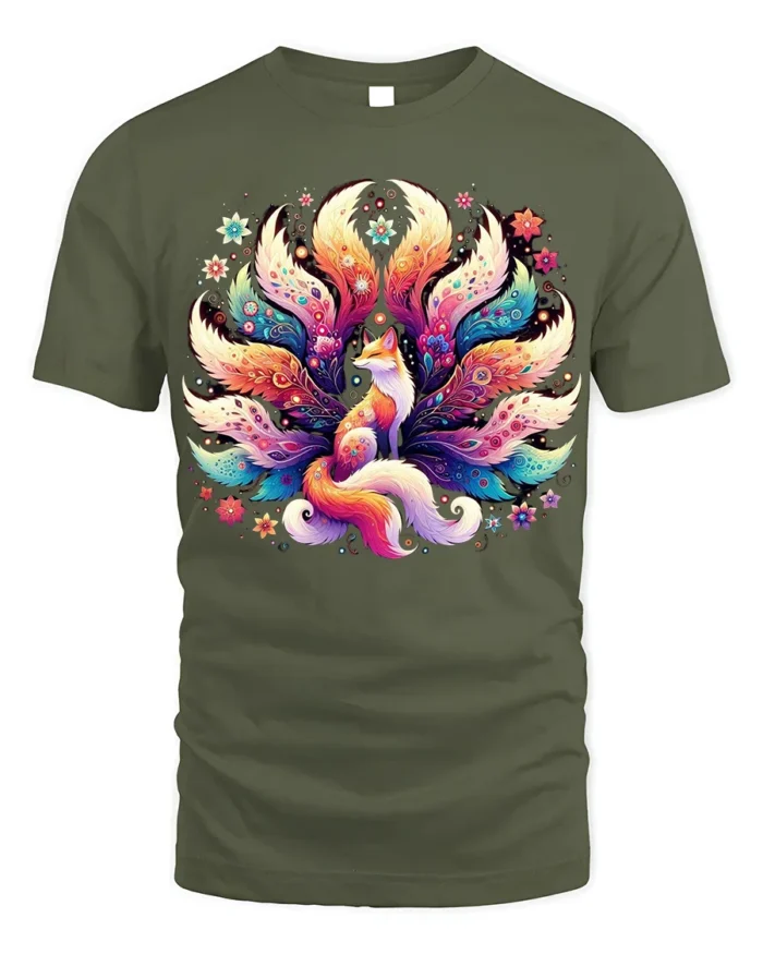 Colorful Nine Tailed Fox T-Shirt with Fantasy Art Design - military green t-shirt on white background