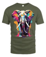 Colorful Elephant T-Shirt with Artistic Wildlife Design - military green t-shirt on white background