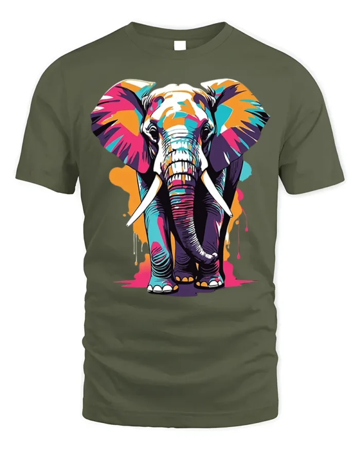Colorful Elephant T-Shirt with Artistic Wildlife Design - military green t-shirt on white background
