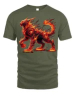 Fiery Fire Cat T-Shirt with Mythical Beast Flame Design - military green t-shirt on white background
