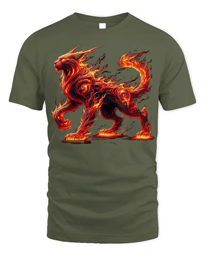 Fiery Fire Cat T-Shirt with Mythical Beast Flame Design - military green t-shirt on white background