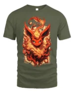 Flame Fox T-Shirt with Fiery Fantasy Creature Artwork - military green t-shirt on white background