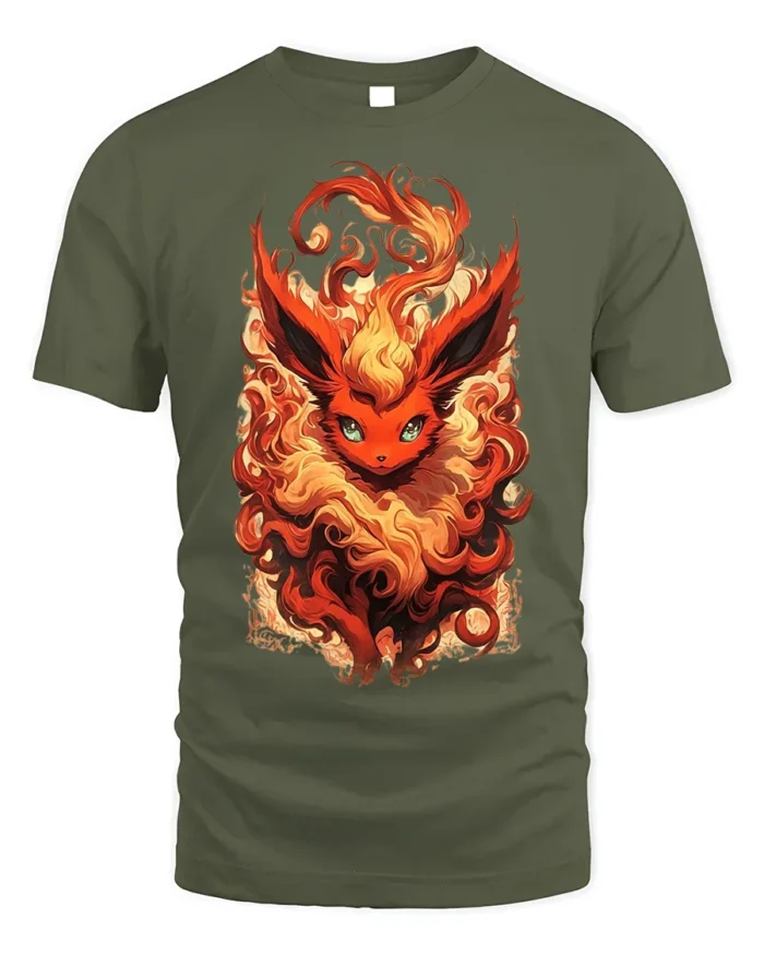 Flame Fox T-Shirt with Fiery Fantasy Creature Artwork - military green t-shirt on white background