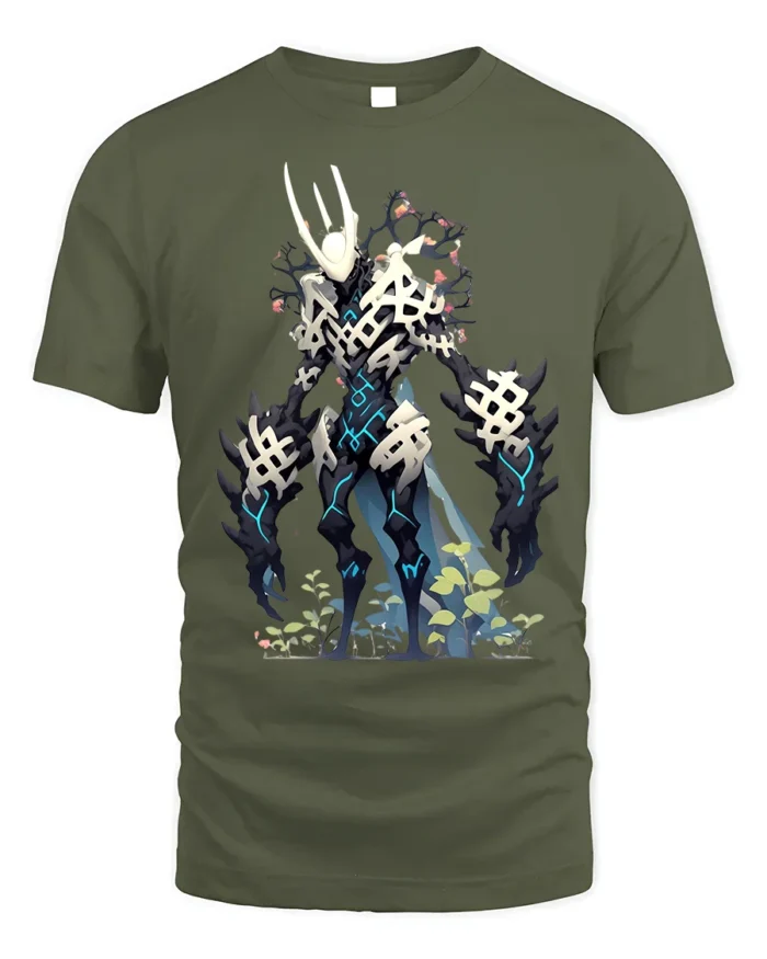 Cyber Skeleton Warrior T-Shirt with Sci-Fi Battle Design - military green t-shirt on white background