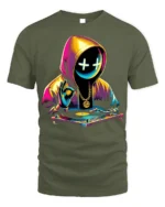 Neon DJ Hoodie Mask T-Shirt Urban Streetwear Vibe - military green t-shirt on white background