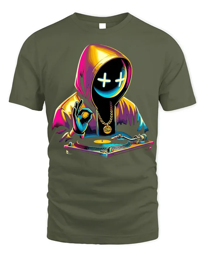 Neon DJ Hoodie Mask T-Shirt Urban Streetwear Vibe - military green t-shirt on white background