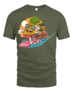 Hello Summer Pineapple T-Shirt with Surf Cartoon Design - military green t-shirt on white background