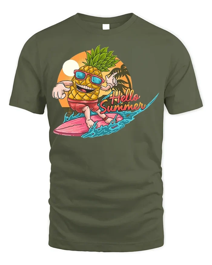 Hello Summer Pineapple T-Shirt with Surf Cartoon Design - military green t-shirt on white background