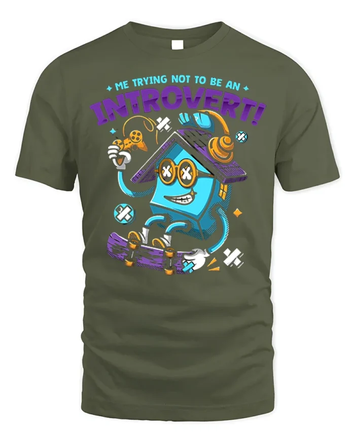 Funny Introvert T-Shirt Quirky Gamer Skater Cartoon - military green t-shirt on white background