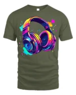 Colorful Headphones T-Shirt Neon Music Vibe Graphic - military green t-shirt on white background