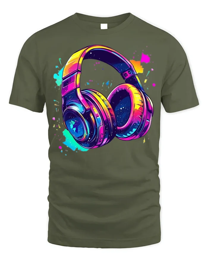 Colorful Headphones T-Shirt Neon Music Vibe Graphic - military green t-shirt on white background