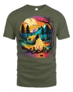 Sunset Camping T-Shirt Colorful Campfire Forest Scene - military green t-shirt on white background