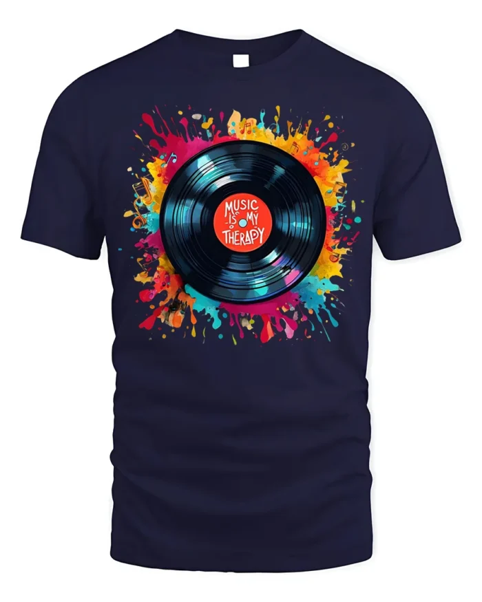 Music Is My Therapy T-Shirt Color Splash Vinyl Design - navy t-shirt on white background