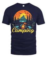 Vintage Camping T-Shirt Tent Fire Forest Mountain Sunset - navy t-shirt on white background