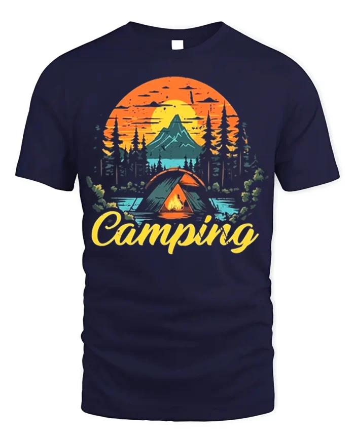 Vintage Camping T-Shirt Tent Fire Forest Mountain Sunset - navy t-shirt on white background