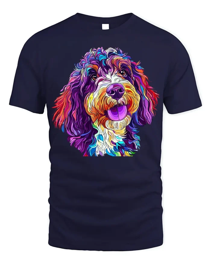 Colorful Dog Art T-Shirt for Dog Lovers and Pet Owners - navy t-shirt on white background