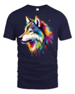 Colorful Wolf T-Shirt with Artistic Tribal Style Design - navy t-shirt on white background