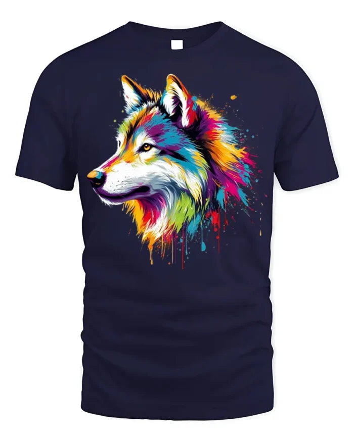 Colorful Wolf T-Shirt with Artistic Tribal Style Design - navy t-shirt on white background