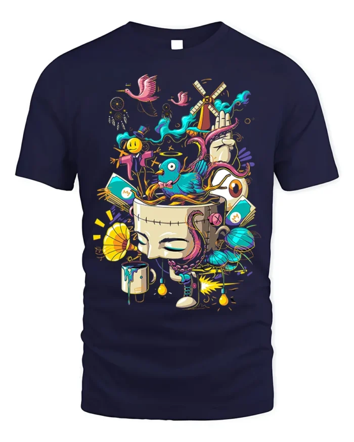 Surreal Art Explosion T-Shirt with Abstract Dream Design - navy t-shirt on white background