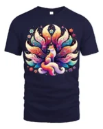 Colorful Nine Tailed Fox T-Shirt with Fantasy Art Design - navy t-shirt on white background