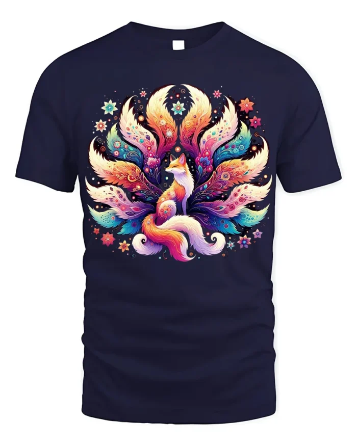 Colorful Nine Tailed Fox T-Shirt with Fantasy Art Design - navy t-shirt on white background