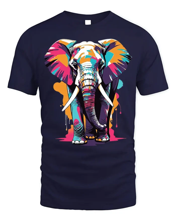 Colorful Elephant T-Shirt with Artistic Wildlife Design - navy t-shirt on white background