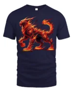 Fiery Fire Cat T-Shirt with Mythical Beast Flame Design - navy t-shirt on white background