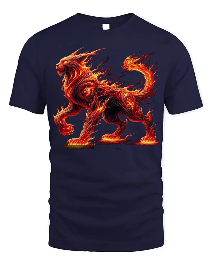Fiery Fire Cat T-Shirt with Mythical Beast Flame Design - navy t-shirt on white background