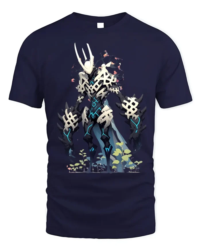 Cyber Skeleton Warrior T-Shirt with Sci-Fi Battle Design - navy t-shirt on white background