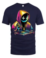 Neon DJ Hoodie Mask T-Shirt Urban Streetwear Vibe - navy t-shirt on white background