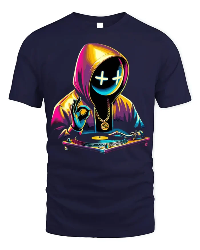 Neon DJ Hoodie Mask T-Shirt Urban Streetwear Vibe - navy t-shirt on white background