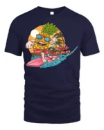 Hello Summer Pineapple T-Shirt with Surf Cartoon Design - navy t-shirt on white background
